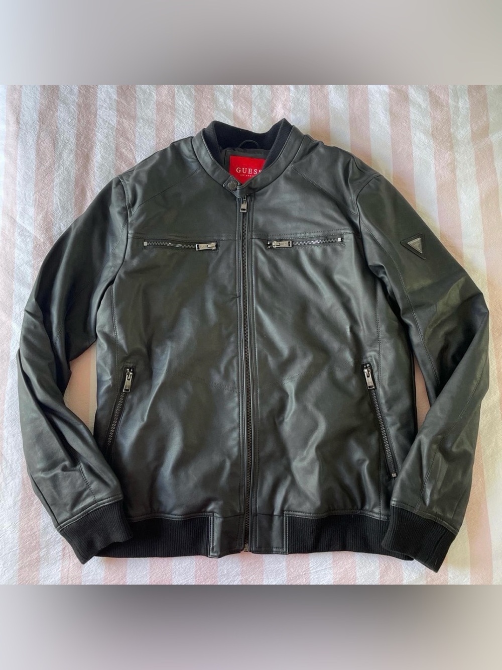 GUESS Black Leather Bomber Jacket with Silver Zippers